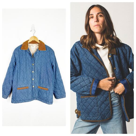Vintage Talbots Denim Barn Jacket Petite Medium Blue Quilted Corduroy Trim Chore